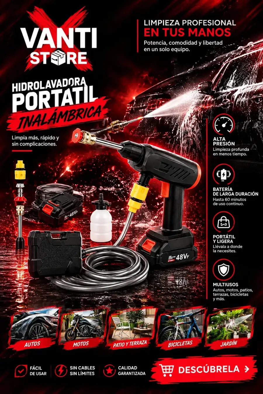 Kit Hidrolavadora Portátil Inalámbrica de Alta Presión 48V